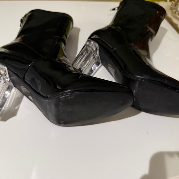 Glossy Patent Black Heeled Boots with Clear Block Heel - Picture 4 of 7